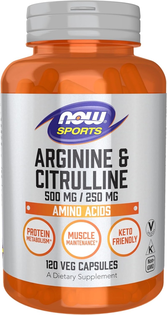 NOW Sports Nutrition, Argininas & Citrulinas 500 mg / 250 mg, Amino rūgštys, 120 Veg kapsulės