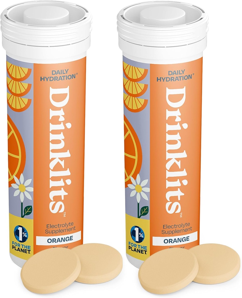 Drinklits Orange Daily Hydration Tabletter (2) Tube Bundle | Essential Electrolytes – 0g Sukker – Replenishing Hydration Drink | 20 Serveringer - 10 tabletter per Tube
