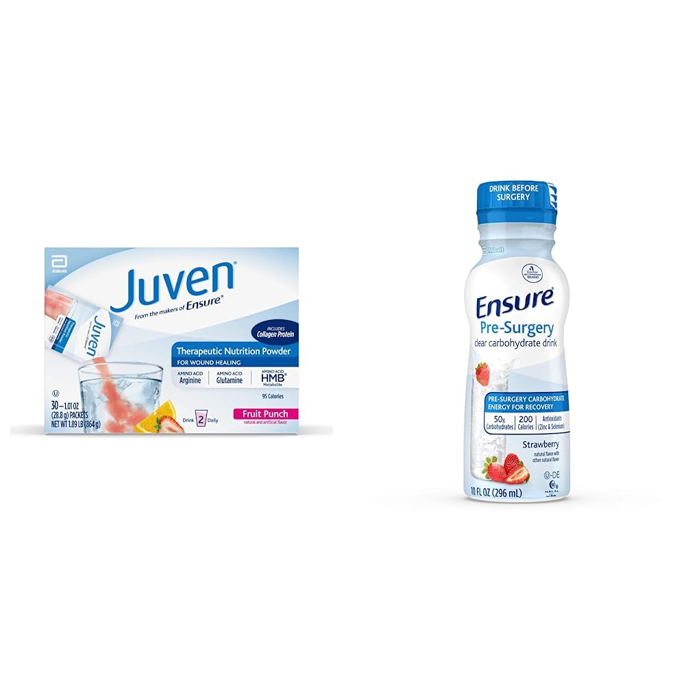Juven Therapeutic Nutrition Drink Mix Powder for Wound Healing Support, Includes Collagen Protein, Fruit Punch, 30 Count & Ensure Pre-Surgery, Clear Carbohydrate Drink, Strawberry, 10 fl oz, 4 Count