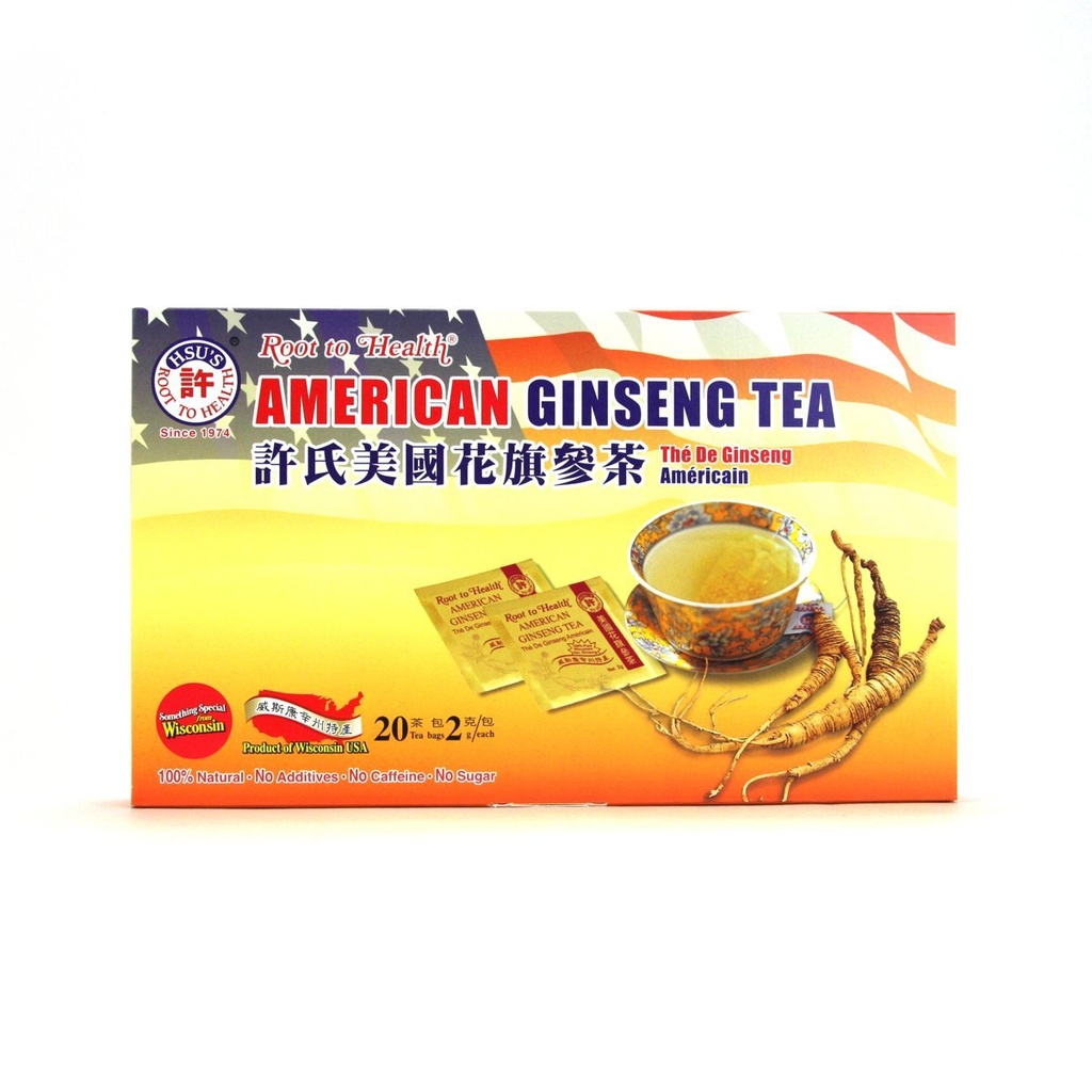 Hsu’s American Ginseng Tea Bags | 100% Wisconsin-Cultivated Caffeine Free, Vegan, Gluten Free Herbal Wellness Tea- 20 bags