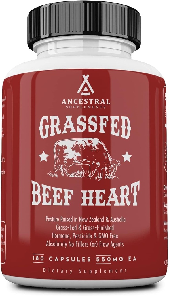 Integratori Ancestrali Grass Fed Beef Heart Supplement, 3300mg, CoQ10 Supplemento Supporta Cuore e Salute Mitocondriale, Non OGM, 180 capsule