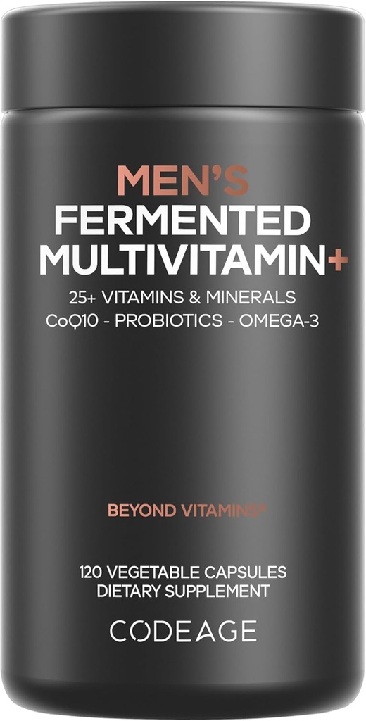 Codeage Men 's Daily Multivitamin - 25 + Essential Vitamins & Minerals, Organic Whole Foods, Probiotics, Omega3, Cink, Vitamins A, B, C, D, E & K - 120 kapszula