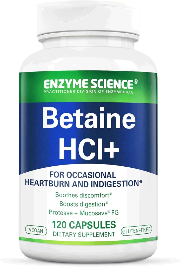 Enzyme Science Betaine HCl met Pepsin - Supplement voor laag maagzuur - Betaine Hydrodide Supplement - Digestieve enzymen - Enzimas Digestivas - 120 capsules