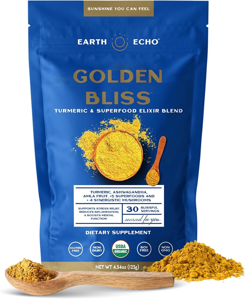 Earth Echo Golden Bliss, Organic Turmeric Superfood Elixir blande med Ashwagandha Root, MCT olje og 4 Mushroom Blend for hvilende søvn, immunstøtte og reduserer craving, Dairy-Free, 30 serveringer