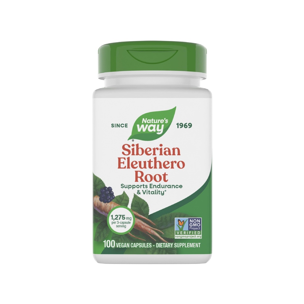 Nature's Way Premium Herbal Siberian Eleuthero Root Supplement, Supports Endurance & Vitality*, Adaptogen*, 1,275mg per 3-Capsule Serving, Non-GMO Project Verified, 100 Capsules (Packaging May Vary)