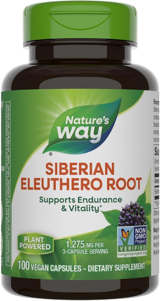 Nature's Way Premium Kräutersibirische Eleuthero Wurzelergänzung, unterstützt Endurance & Vitality*, Adaptogen*, 1.275mg pro 3-Capsule Serving, Non-GMO Project Verified, 100 Kapseln (Packaging May Vary)