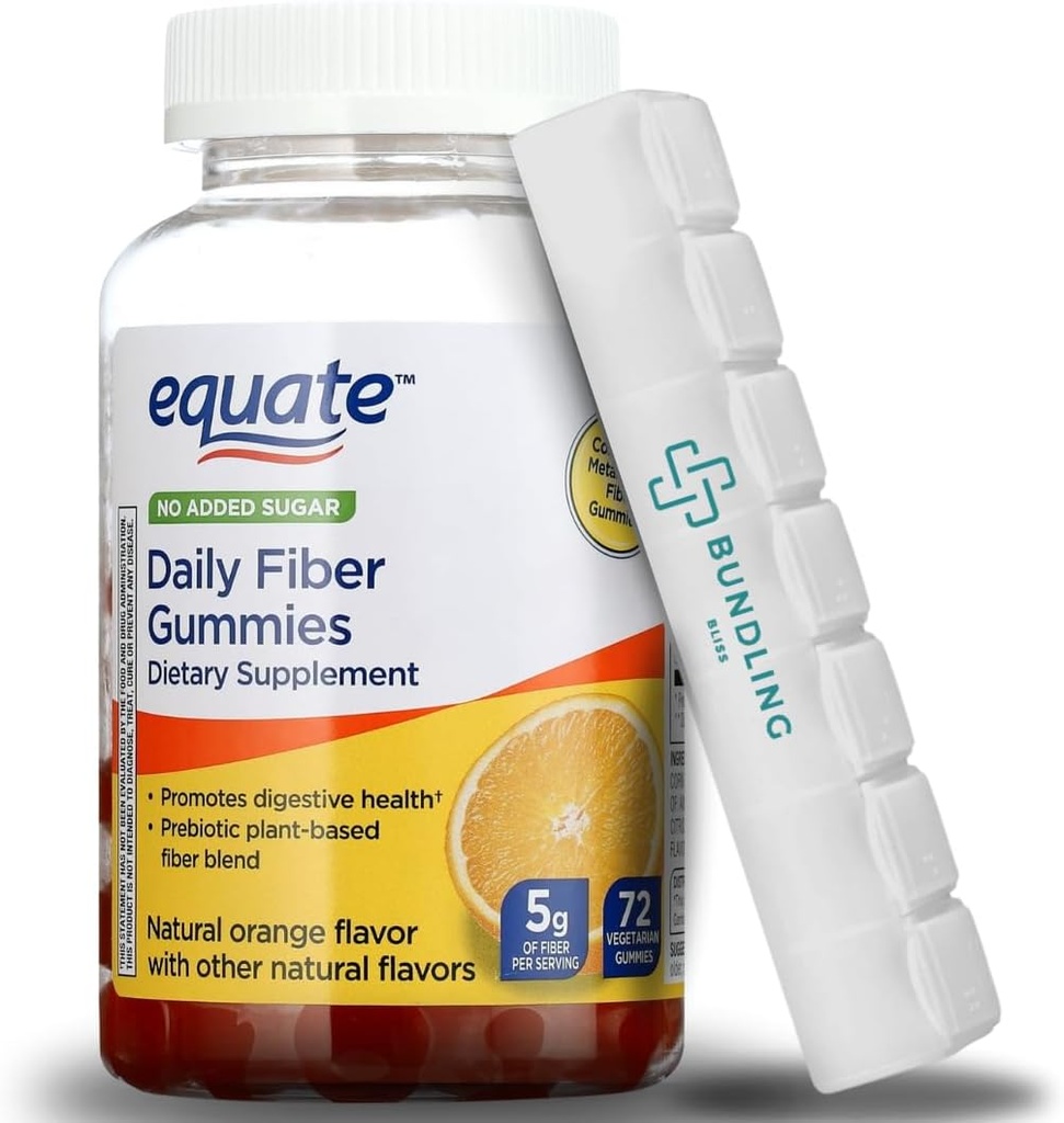 Equate Daily Fibermies Dietary Supplement, 5g, Plant Based, 72 Count, 7 Day Pill מארגנת Included - 1 Pack