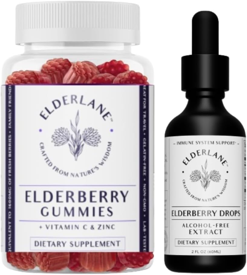 Elderlane Elderberry Tincture and Elderberry Gummies - Anterior RD Naturals - Immunum Supplement for Adulți și copii - 2 Oz picături și 60ct Gummies