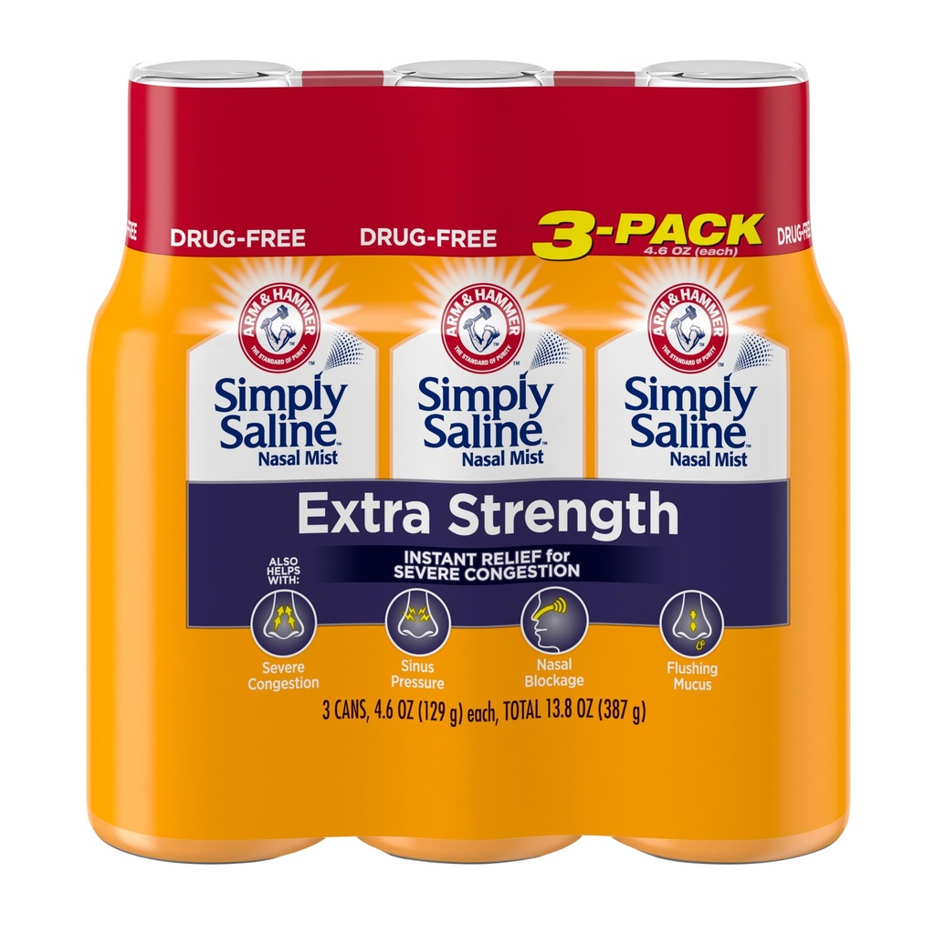 ARM & HAMMER Simply Saline Extra Strength Nasal Mist, 4.6 oz, 3-Pack | Severe Congestion Relief