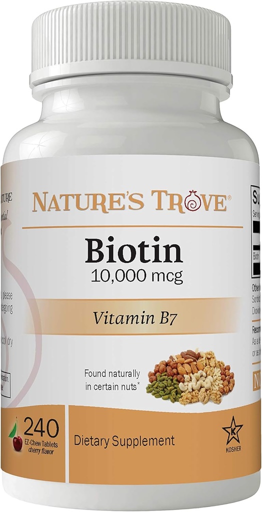 Naturens Trove Biotin 10.000 mikrog 240 EZ Chew Tabletter Cherry Flavor