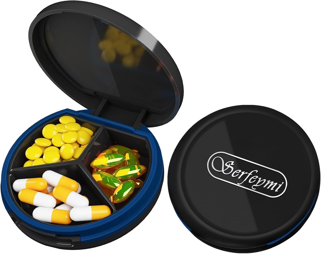 Serfeymi Small Pill Box - 3 Komodos Nešiojamos pilys Dėžutė Purse Pocket, Kompaktiškas Mini Travel Pill Case - Tinka medicina, Vitaminas, Žuvies aliejus, papildai - Juoda (Logo)