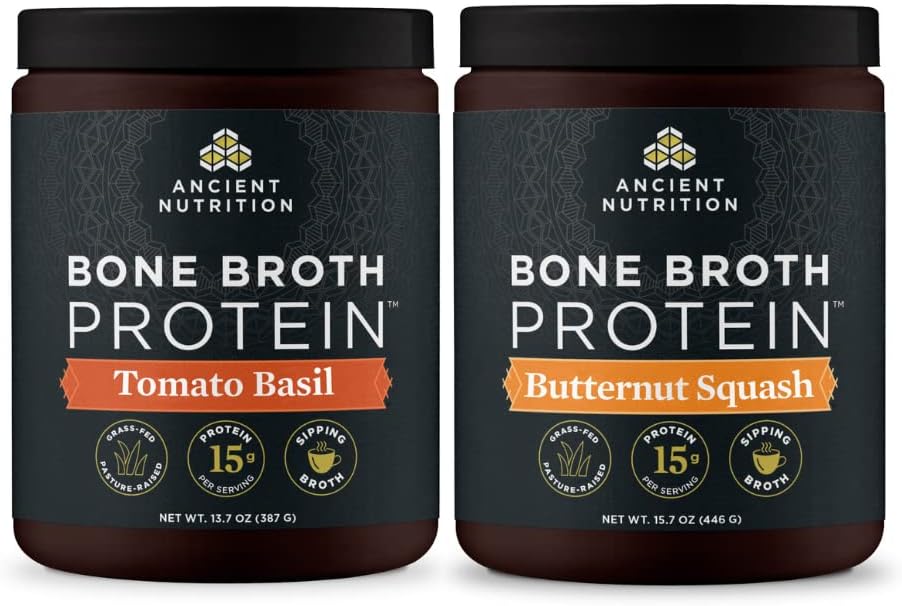 Gamle Nutrition Bone Broth Protein pulver, Tomat Basil, 15 serveringer + Bone Broth Protein pulver, Butternut Squash, 15 serveringer
