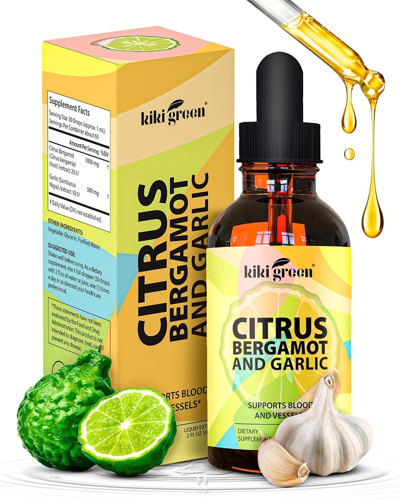 KIKI grønn flytende Citrus Bergamot & hvitløk Ekstrakt - Citrus Bergamot Supplement for hjertehelse, immunsystem støtte og sunn aldring ikke-GMO, Glutenfri Supplement 2 fl Oz.