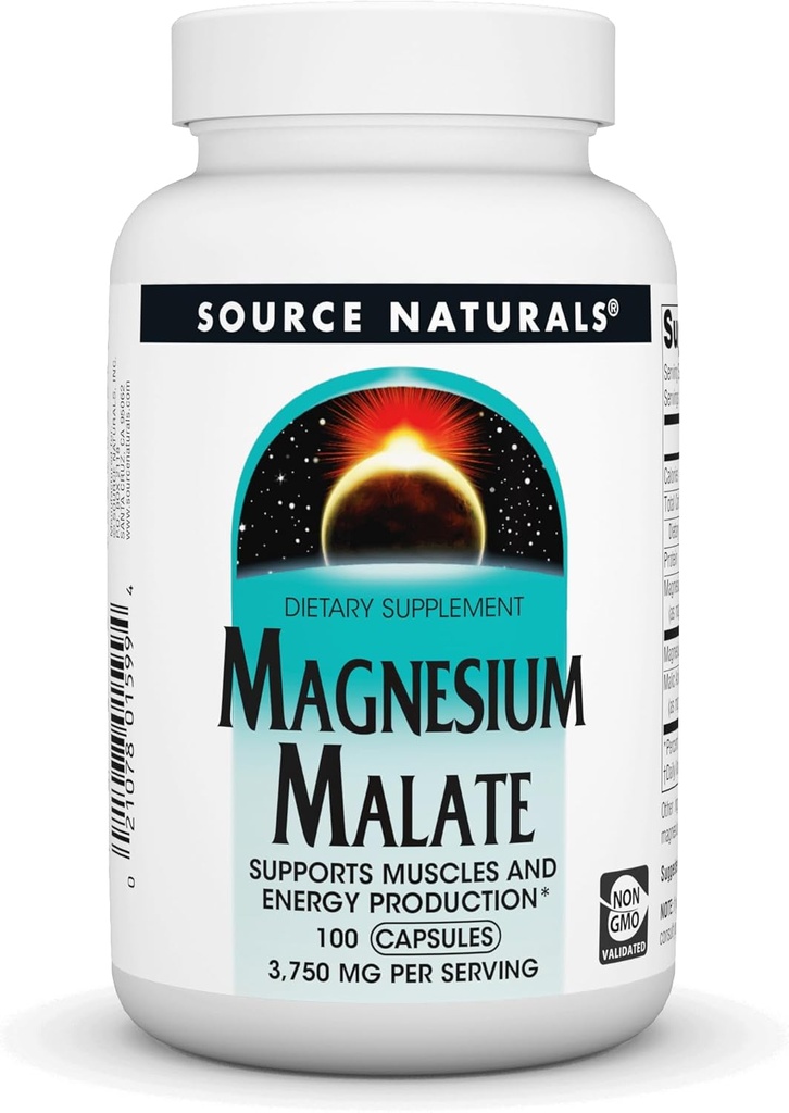 Källa Naturals Magnesium Malate 3750 mg Per servering Essential Magnesium Malic Acid Supplement - 100 kapslar