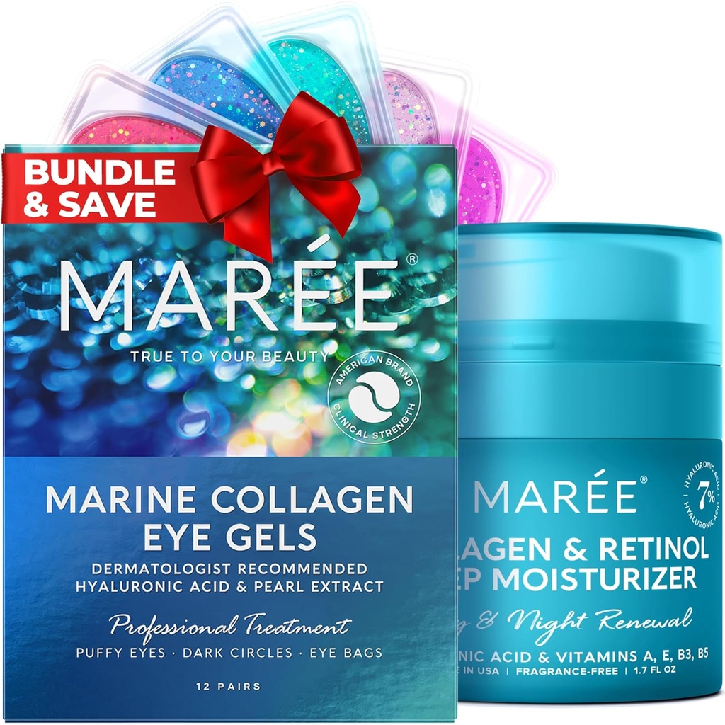 MAREE Eye Gels & Collagen Moisturizer Face Cream Bundle - Under Eye Gels for Puffy Eyes and Dark Circles, Anti Aging Face Cream with Hydrating Effect - Marine Collagen & Hyaluronic Acid, Retinol