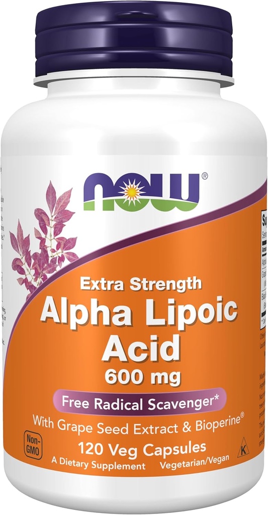 Now Foods Supplements, Alpha Lipoic Acid 600 mg com Extrato de Sementes de Uva e Bioperine®, dosagem extra, 120 Veg Cápsulas