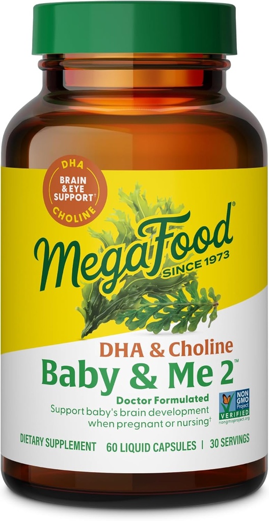 Nena de Mega Food i Jo 2 Prenataminades per a Dones, DHA i Choline suplementaris, Díquid A i Choline per al cervell de Nadons i ull durant la Pregencia, Vegan, 60 Capules (30 Servicions)