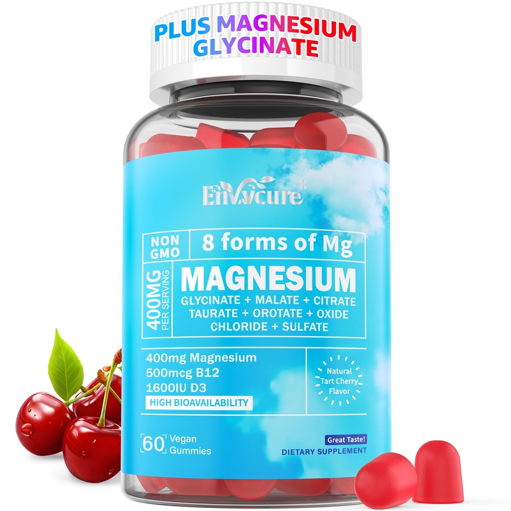 Magnesium Glycinate Complex Gummies 400mg | 8 Forms of Magnesium: Malate, Citrate, Taurate & More | with Ashwagandha 400mg, D3, B12 | Supports Calm, Relaxation, Mood & Muscle Cramp | Vegan, 60 Count