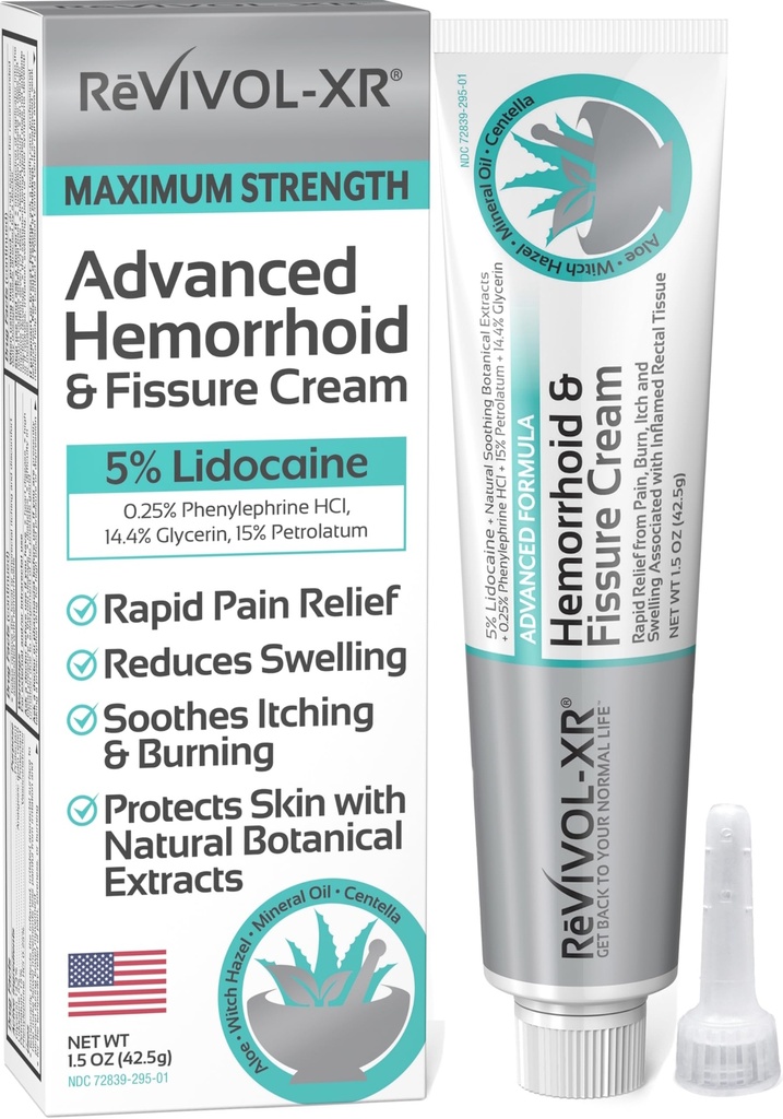 REVIVOL-XR Advanced Hemorrhoid Treatment. 5% Lidocaine + Shrinks + Protects Skin + Aloe + Witch Hazel + Botanicals, 1.5 oz Tube, Temporary Relief of Pain, Itching & Burning. Made in USA