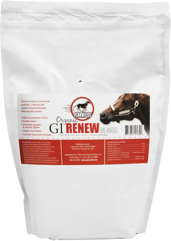 Pennwoods GI Renew, Probiotics for Equine, Immune and Appetite Stimulation, Prebiotics, Digestive Enzymes | Horse Supplement Providing Ulcer Relief and Organic Toxin Binder, 5 LB Pouch