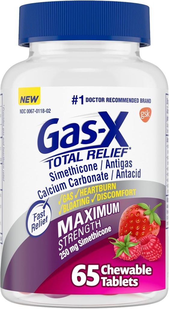 Gas-X Total Relief Chewable Tablets con massima resistenza Rilievo del gas Simethicone 250 mg e Rilievo di bruciore Carbonato 750 mg, Bloating Relief, Bacche miste - 65 Conte