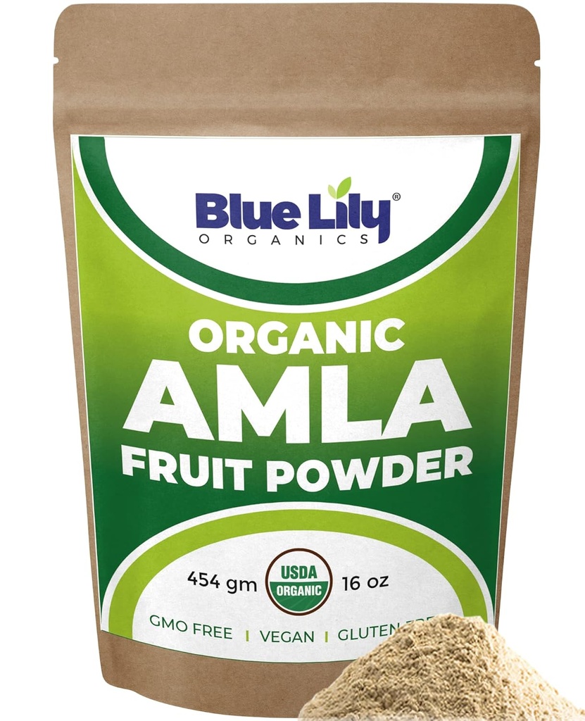 Blue Lily USDA Organic Amla Powder (Amalaki/Indian Gooseberry) 16 onças (1lb) Saco Kraft Resealable, 100% Puro Amla Berry Powder, Rico em Antioxidante Vitamina C, Suporta Sistema Imune Saudável