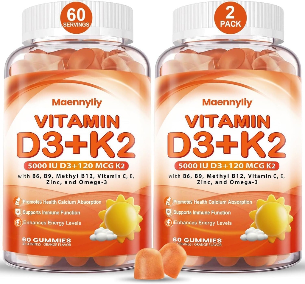 Vitamin D3 K2 Gummies for voksne - vitamin D3 5000IU + K2 (MK-7) 120mcg - sukkerfri D3 og K2 Kosttilskudd med Omega-3, Metyl B12, B9, B6, vitaminer E & Zink - for kalsiumabsorpsjon og immun helse