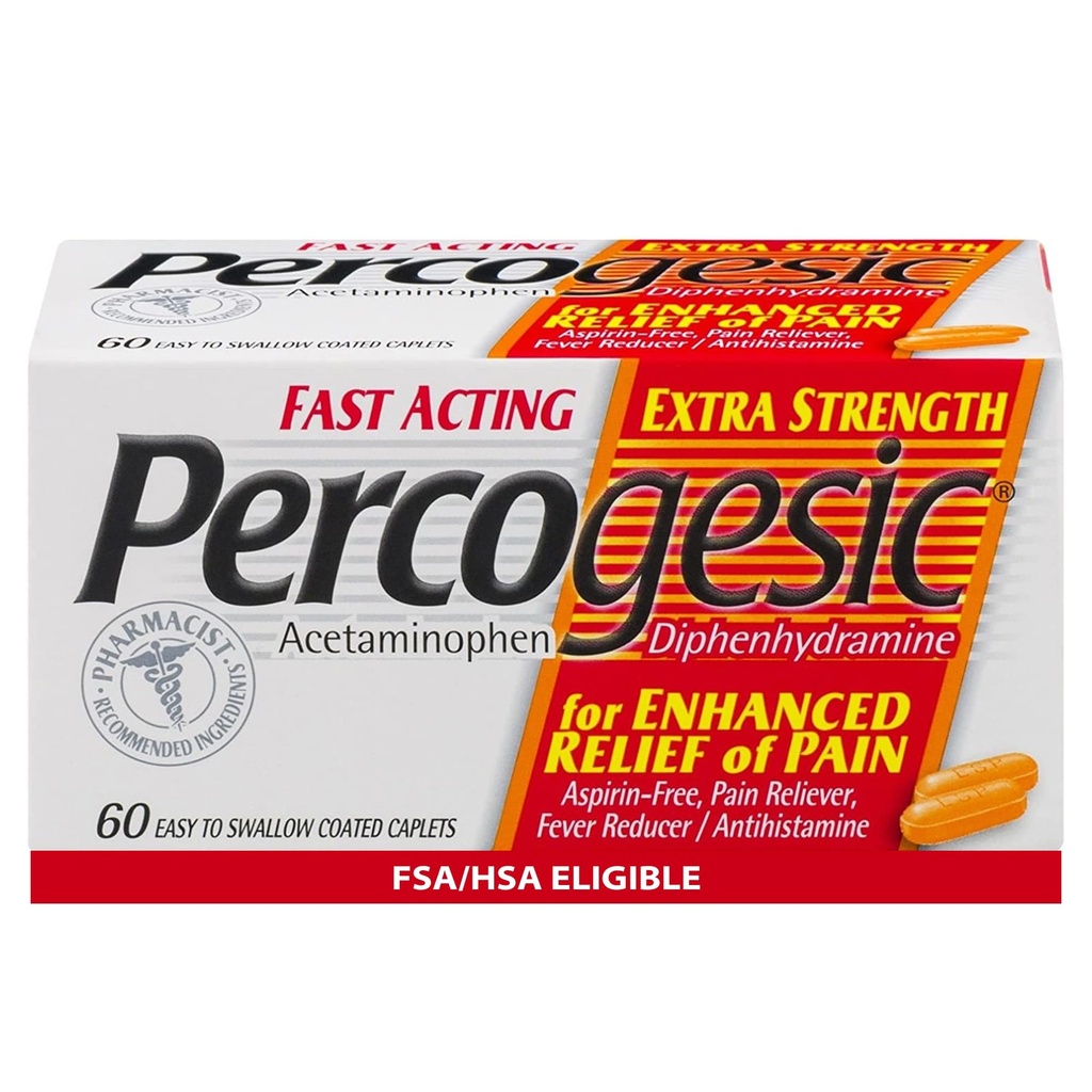 Percogesic Extra Strength Acetaminophen & Diphenhydramine Pain Relief, Fast-Acting Aspirin-Free Fever Reducer & Antihistamine, 60 Count
