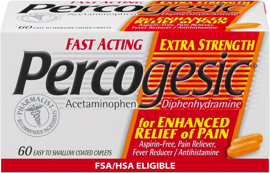 Percogesic Extra Strength Acetaminophen & Diphenhydramine Pain Relief, Fast-Acting aspirin-Free Fire Selection & Antihistamin, 60 Kont