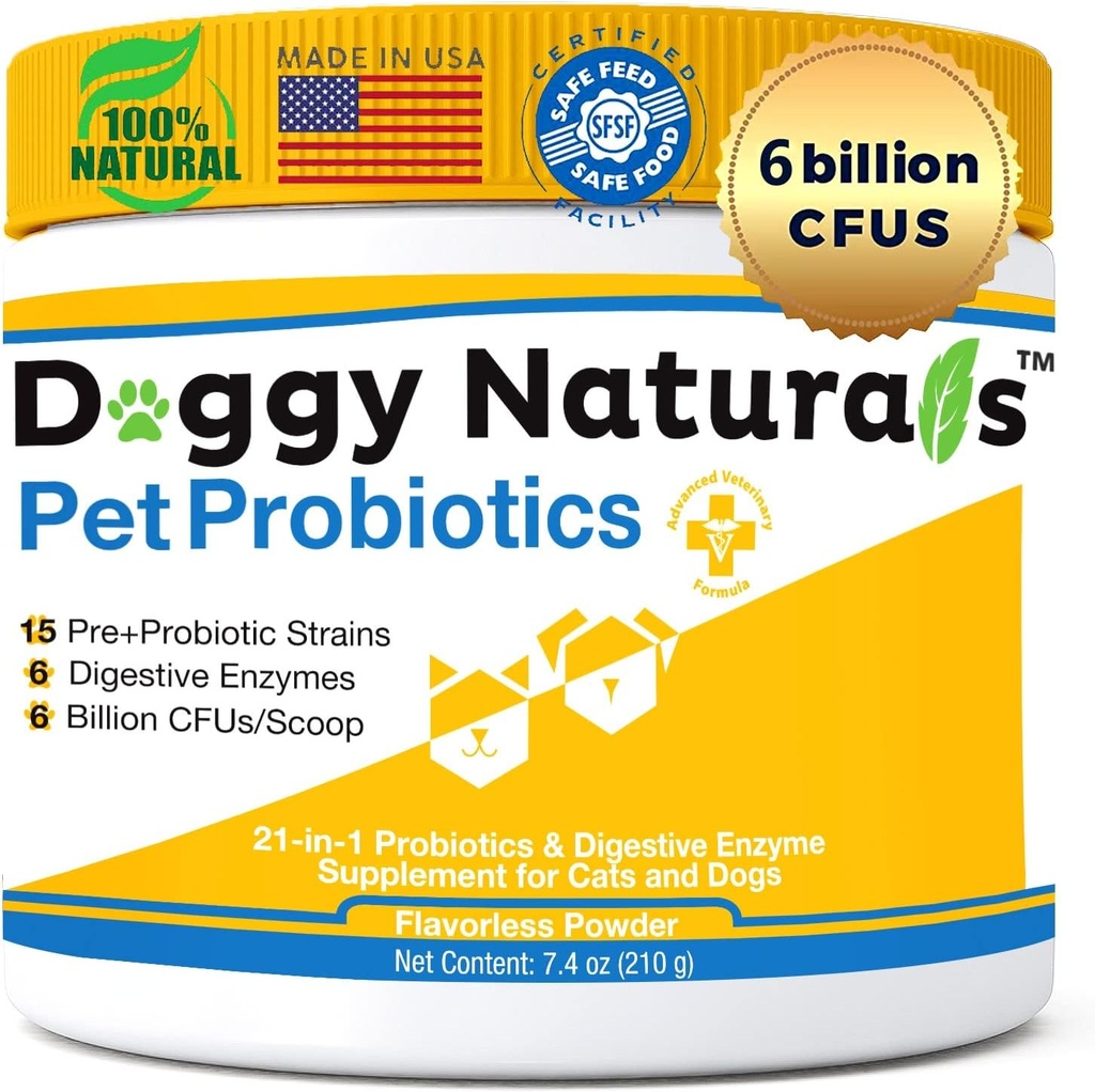 Probióticos para cans e gatos - Max-Strength con 15 Strains Pre &Probiotics Digestive Health, aumentar e manter a flora intestinal adecuada (Made in USA) 7.4 Oz (6 Billion CFU per Scoop)