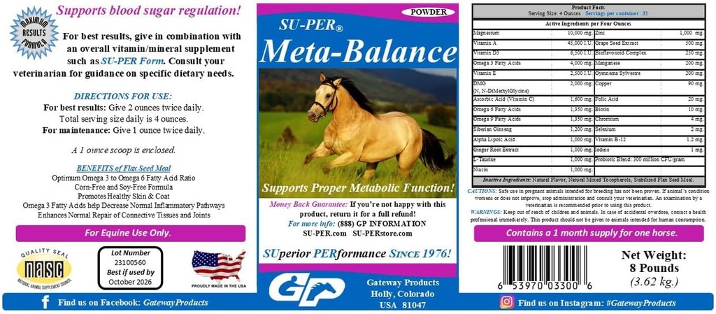 SU-PER Meta-Balance Horse Suport metabolic - Regulament de zahăr din sânge și Digestive Health Supplement - Vitamine de cal și minerale, extracte de plante, Probiotice - 8 Lire, 1 lună de aprovizionare