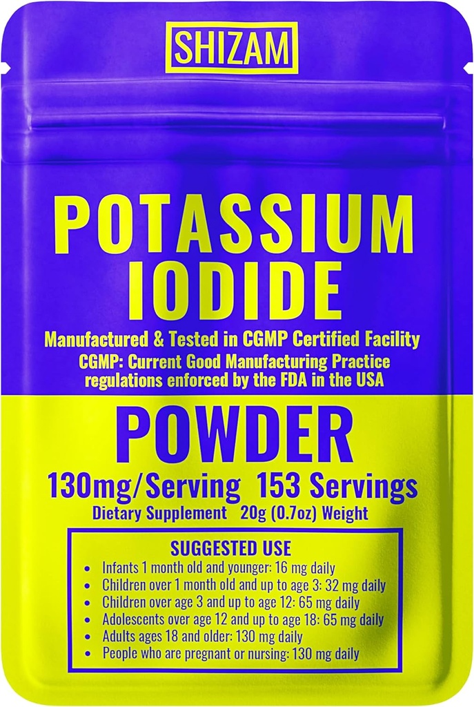 SHIZAM Potassium Iodide 130 mg 65 mg Powder Survival Kit Kits, KI Iodine Capsule Capsules Liquid Tincture Pill Pills Tablet Tablets Tabs Alt Supplement Supplements, prepping Supplies 130mg 65mg