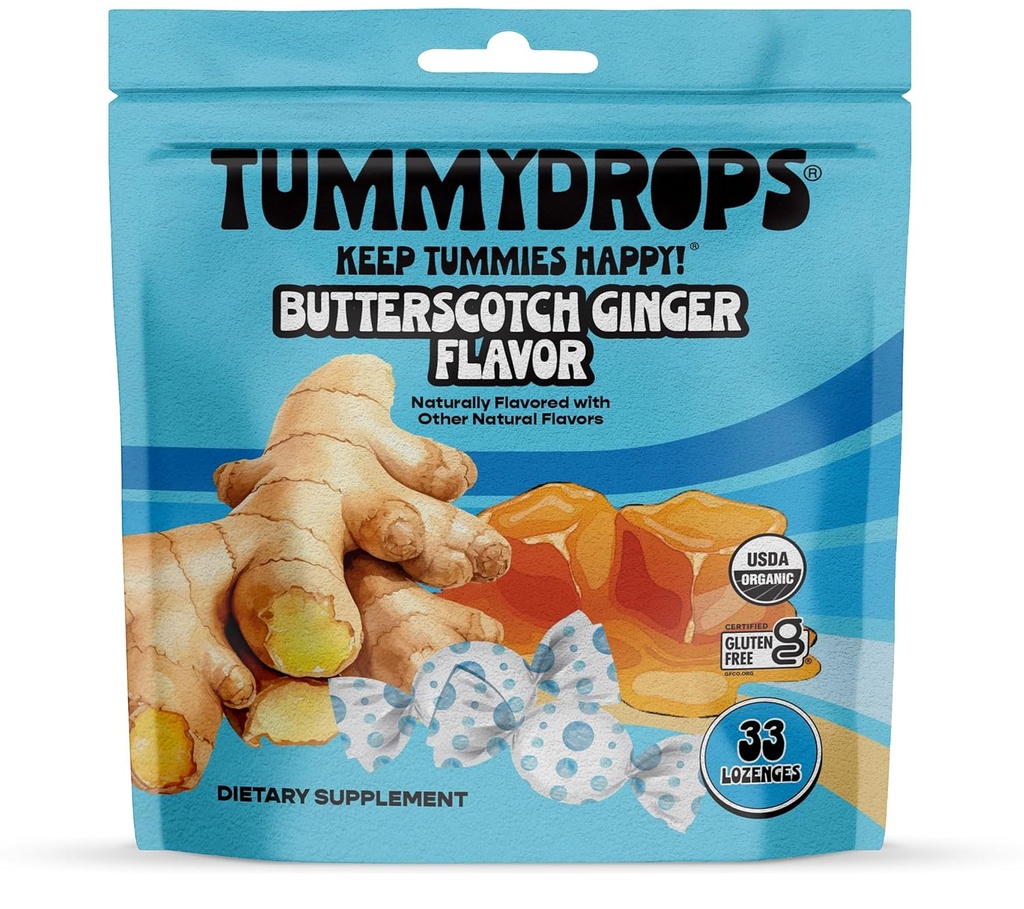 USDA Organic Butterscotch Ginger Flavor Tummydrop, Gluten Free & Vegan, 33 Organic Ginger Lozenges