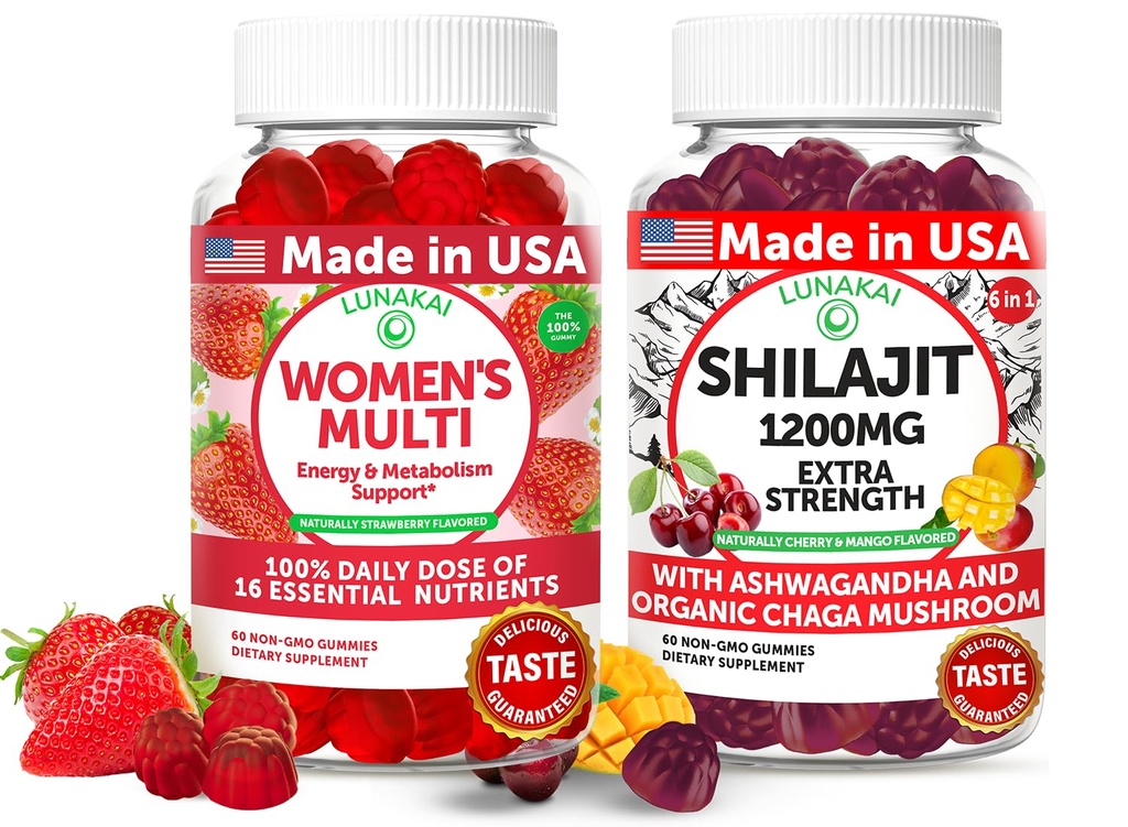Lunakai USA Made Womens Multivitamin & Shilajit Gummies Bundle – Energy, Immune & Vitality Support – Naturally Flavored – 60 Non-GMO Gummies Each