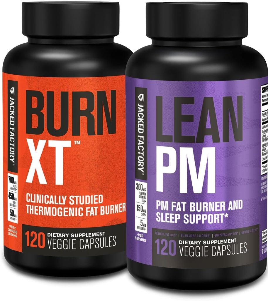 Jacked Factory Burn XT termogenní spalovač tuků & Lean PM Nighttime Weight Loss Dodatek pro muže a ženy 120 Veggie dietní pilulky