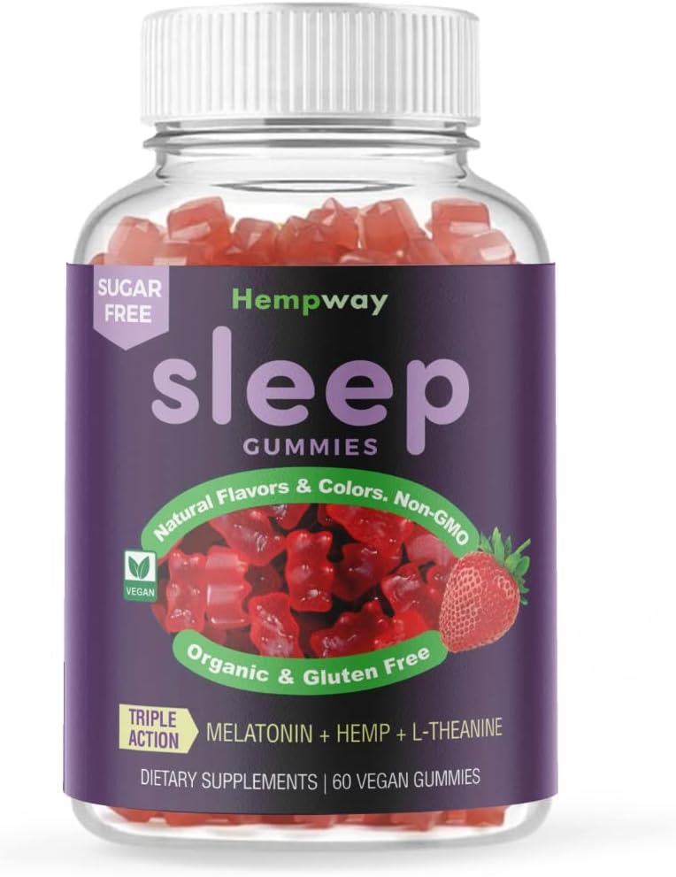 Hanfgummis für Sleep l theanine Supplement Hanf melatonin Triple Action - Calm Gummis für Erwachsene und Melatonin Kinder - Sugar Free Strawberry Vegan 60 ct