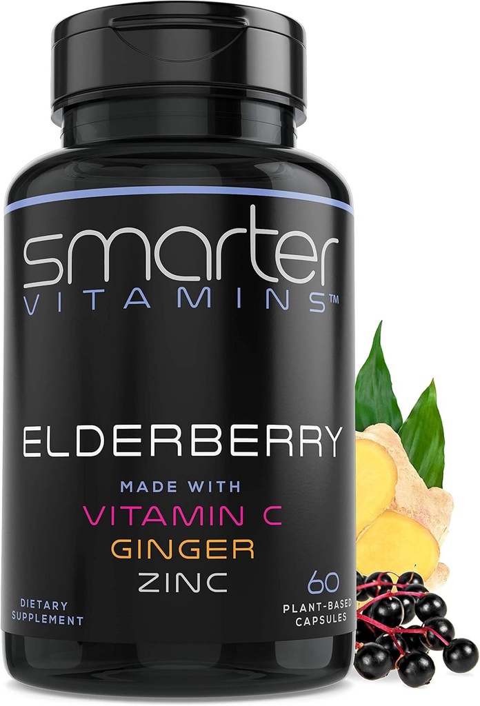 Capsules de Elderberry máis intelixentes + Vitamina C + Ginger & Zinc, Suplemento de herbas, poderosa Black Elder Berry Extracto Antioxidante Vitamina, 60 pílulas Vegan