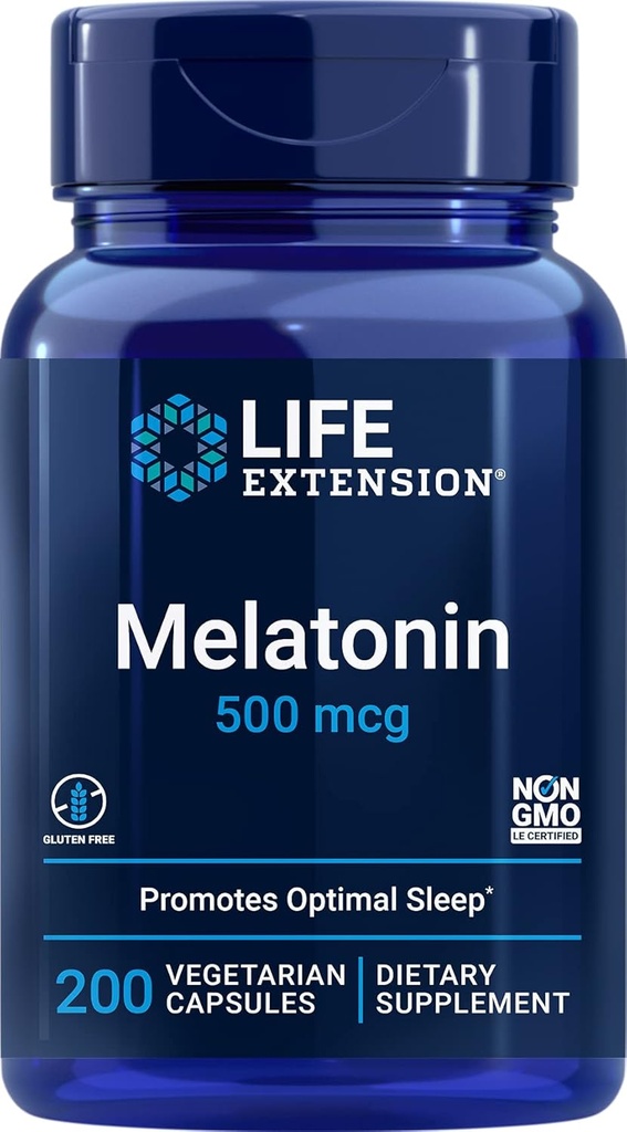 Melatonina de extensión de vida, 500 mcg - Gently promove o sono, baixa dose, tamaño de valor - Non-GMO, sen glute, vexetariano - 200 cápsulas