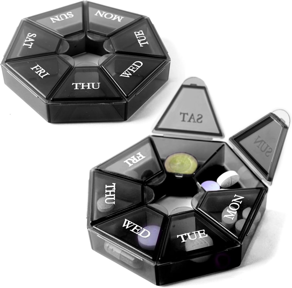 Deke Home - Petit organisateur hebdomadaire de pilules (2 packs), distributeur de pilules rondes pour les voyages, mini organisateur de pilules, support de médecine compact, trieurs de pilules 7 jours, contenant de vitamine portable, sans BPA (catégorie alimentaire)