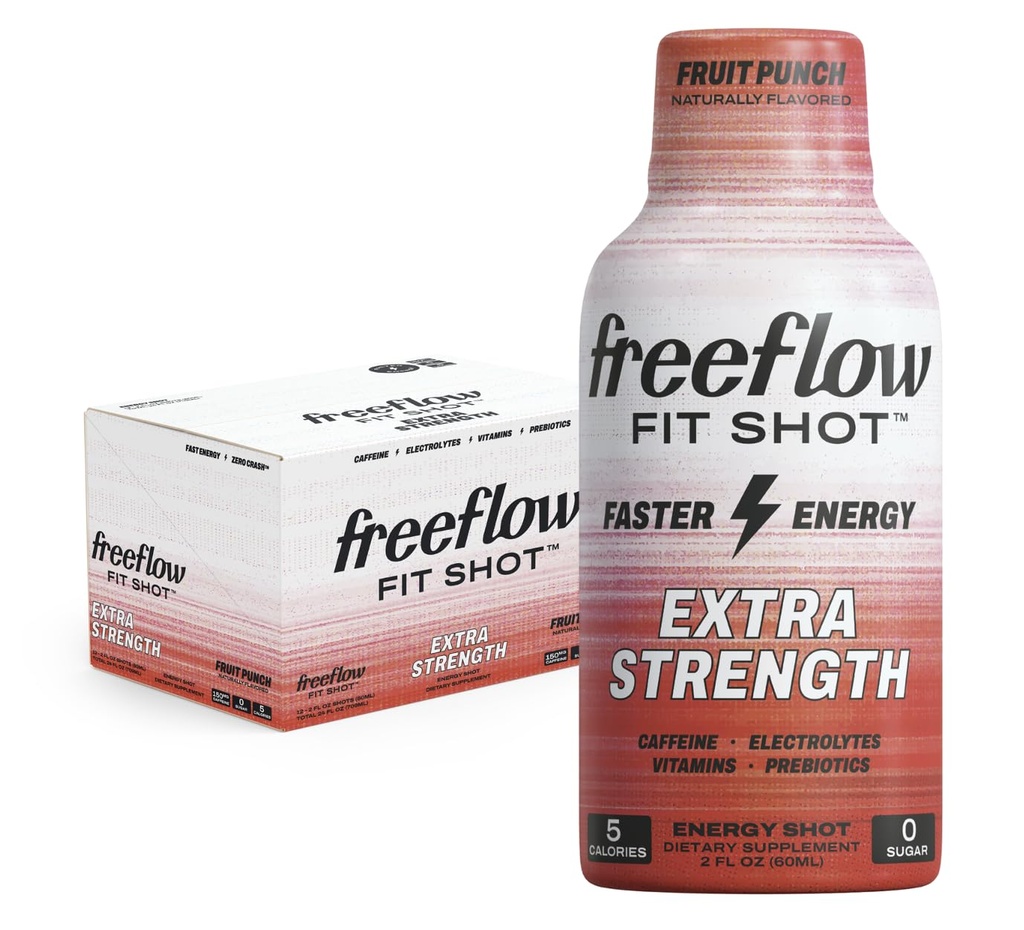 Freeflow Fit, תוספת כוח ירו, פירות פונצ'ה (2Ounce Shot, Pack of 12) - 150mg of Caffeine Per Shot, Zero Calorie, Zero Sugar Energy Shot.