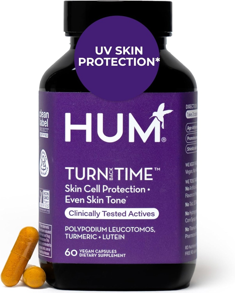 HUM Turn Back Time Turmeric Supplement for Youthful looking Skin Support with Green Tea Extract, Lutein & Polyfenols, Skin Care Aging & Collagen Support Capsules for Even Tone, 60 Vegan Capsules