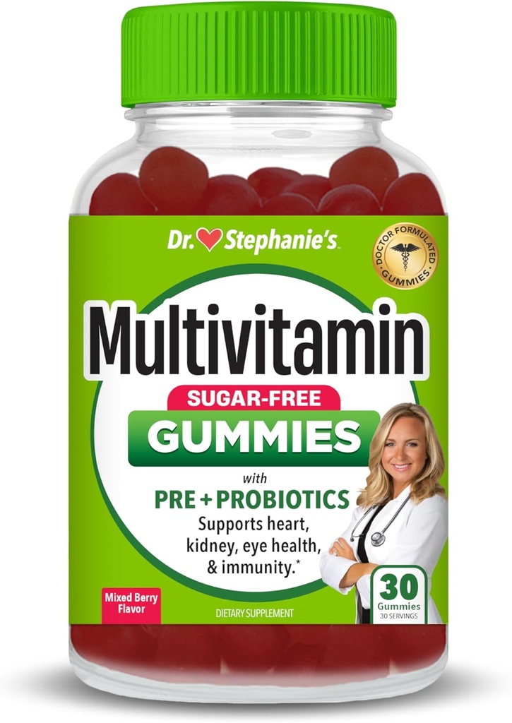 Mumi Multivitamin Dr. Stephanie - Sugar- Bebas dengan Pregities & Provinsi - Bantuan Harian untuk Mata, Kidneys, Hati, Hati, & Kesehatan Digetical - Campuran Berry Flavor