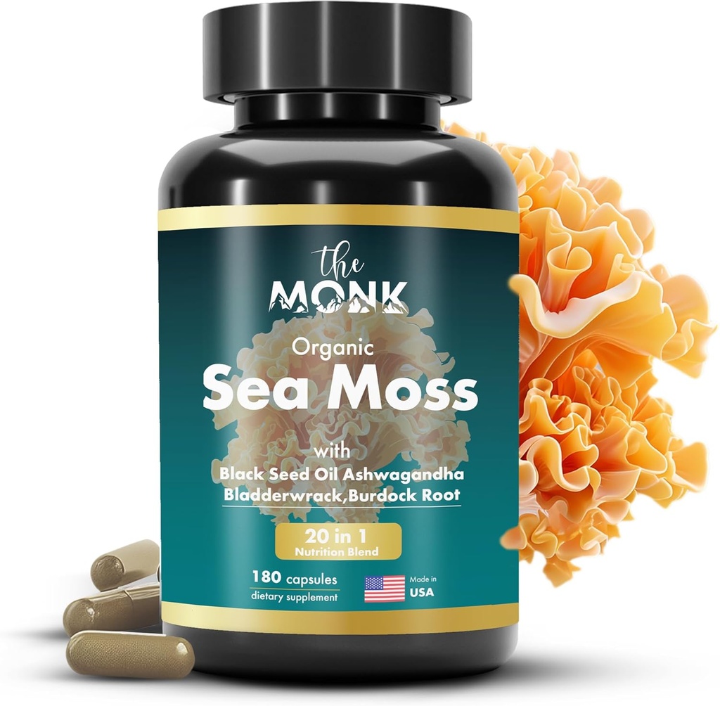 Organik İrlandalı Deniz Moss Capsules - Advance Formula, Raw Wildcrafted Seamoss Supplement with Bladderwrack and Burdock Root - 180 Pills - ABD'de Yapıldı