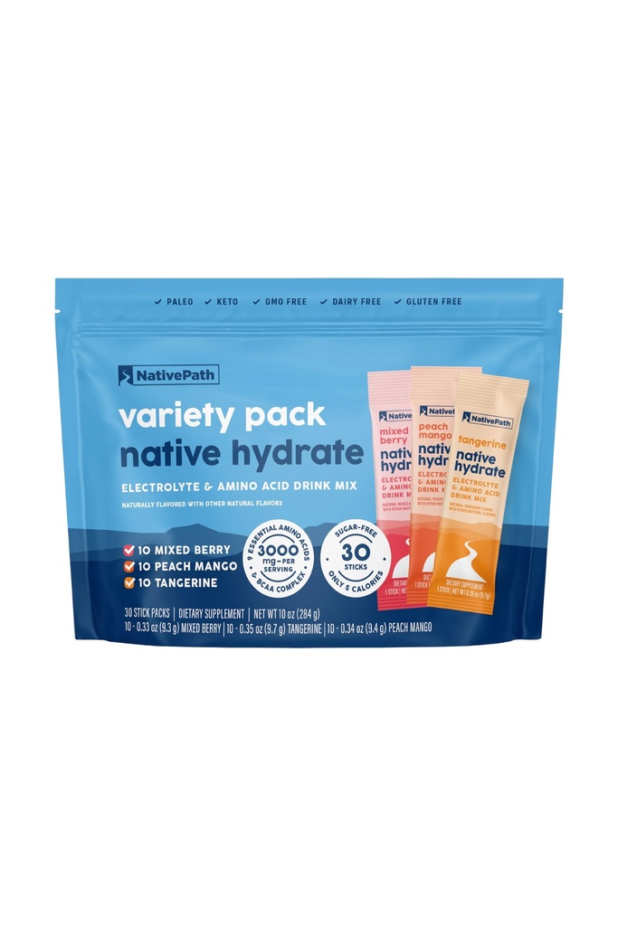 NativePath Hydrate Stick Packs with Electrolytes and Amino Acids, Variety Pack, Mixed Berry, Peach Mango, Tangerine, 30 Servings