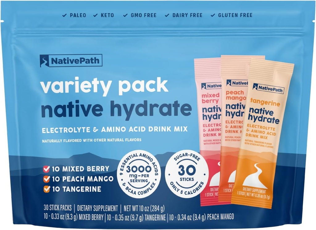 NativePath Native Hydrate Packs z elektroliti in aminokislinami, Variety Pack, Mešano jagode, Peach Mango, Tangerine, 30 Serving