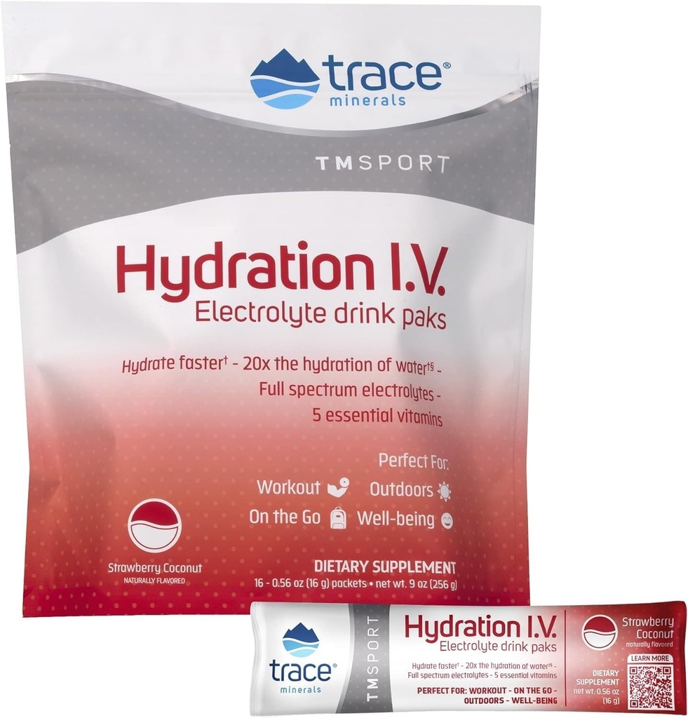 Minerais Trace Hydration I.V. Electrolytes Powder Packets . Full Spectrum Recovery Mix Mineral para rápida reidratação, energia natural e resistência muscular .