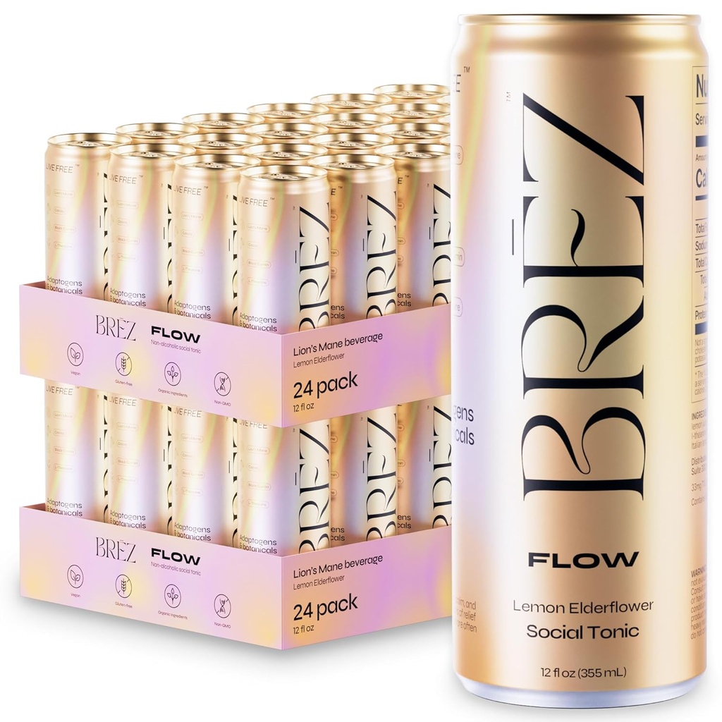 BREZ FLOW Lion s Mane Sēņu dzēriens, 48-iepakojums, nav infusioned, adaptogens, Relieving, Uplifting, un Social, Dzirkstošais citronu plūmju toniks 12 Fl