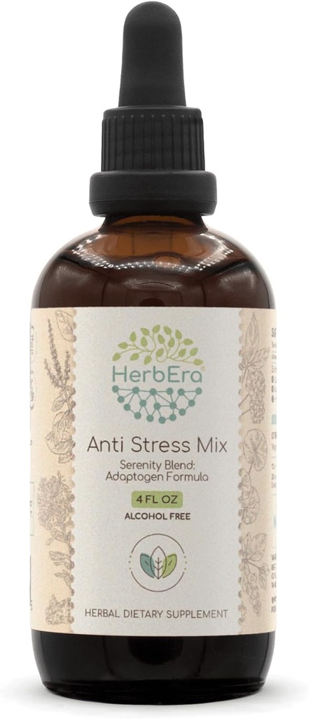 Anti Stress Змішувати B120 Спирт-Free Extract Tincture, Eleuthero Root, Rhodiola Root, Schisandra Berry, Gotu Kola Herb, Свята Василія трави. Serenity суміш: Адаптоген формула 4 Fl Oz