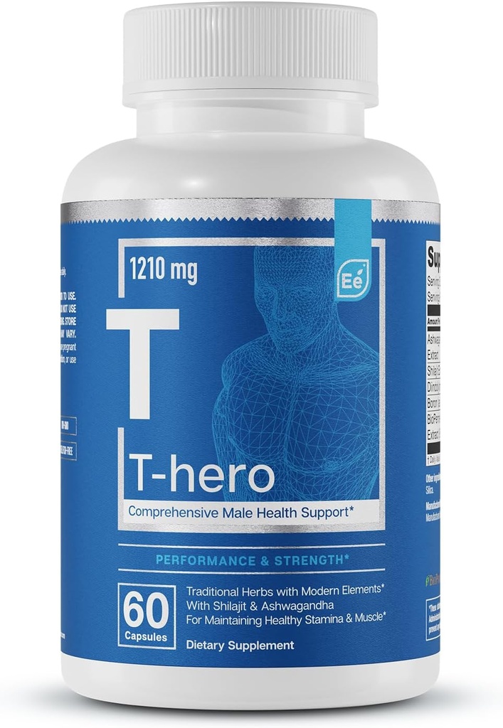 Elementos esenciais T-Hero - Soporte diario de testosterona para homes - promove Vitalidade & Drive - con Ashwagandha, Shilajit, Boron, DIM - 60 Conde - 30 servizos