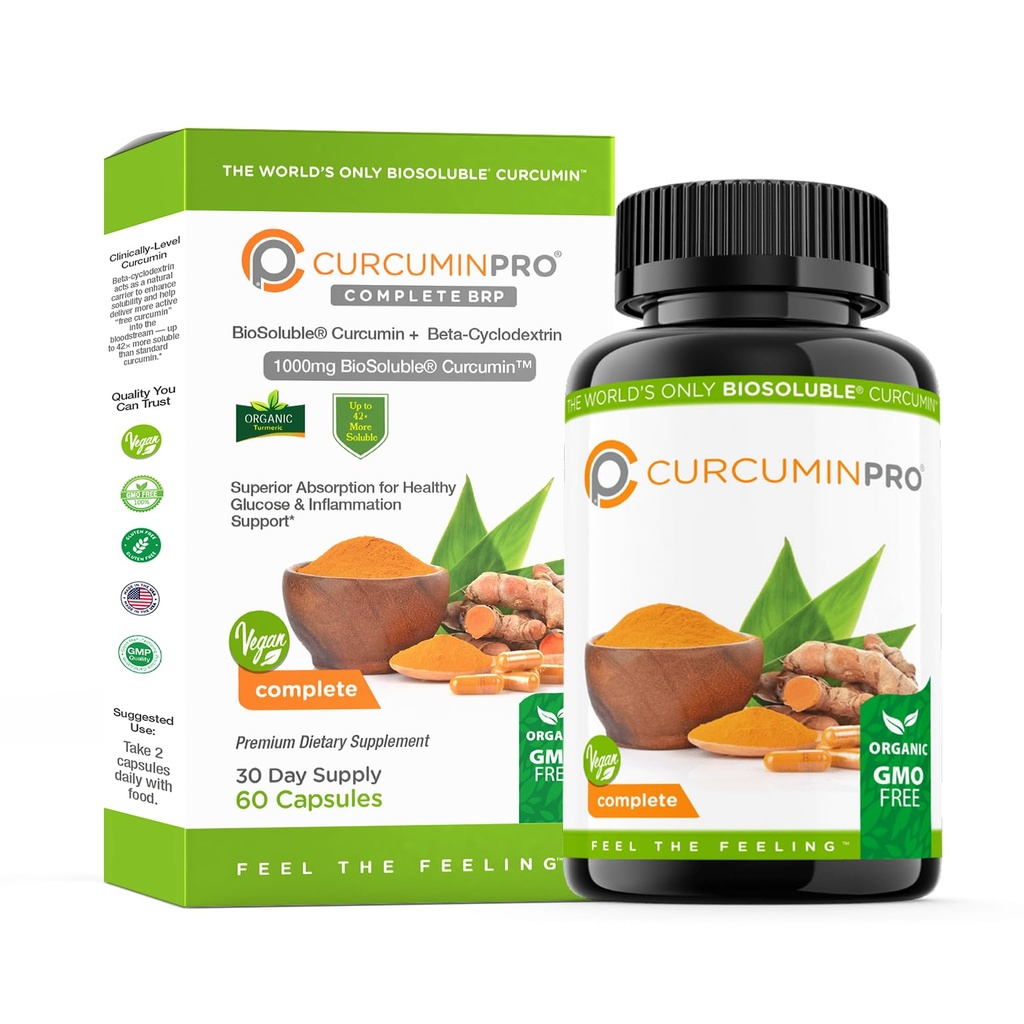curcuminpro Complete Vegan | BioSoluble Brown Rice Protein & Organic Turmeric Curcumin Supplement | Plant-Based Formula for Daily Wellness | 60 Count